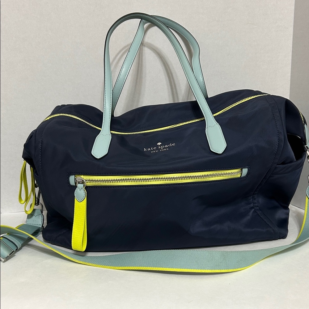 kate spade nylon weekender bag in navy w/ light blue handles and yellow accents - Picture 2 of 8